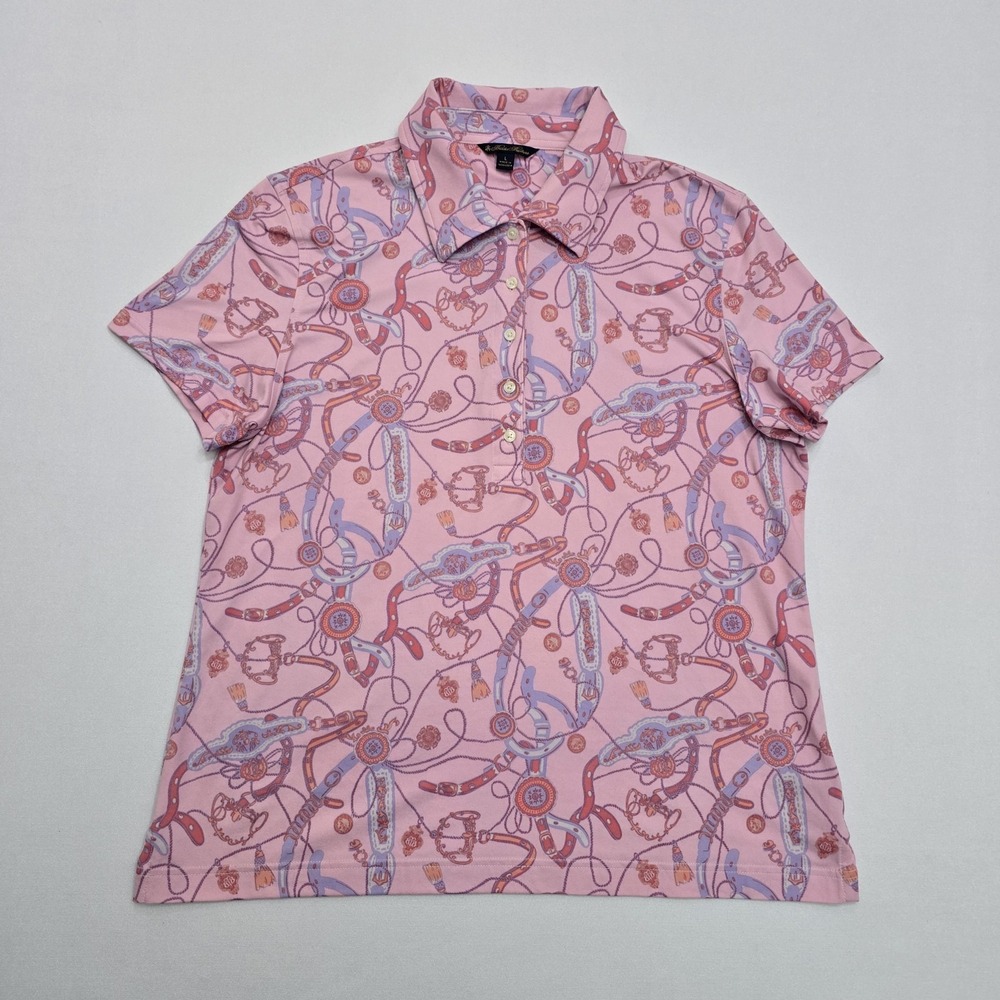 Brooks Brothers Pink Equestrian Chain Belt Print Polo Shirt Womens Large L Short